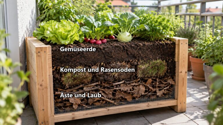 Hochbeet auf dem Balkon im Querschnitt mit drei Schichten: unten Äste und Laub, in der Mitte Kompost und Rasensoden, oben Gemüseerde mit Salat, Radieschen und Kohlrabi (KI-generiertes Bild)